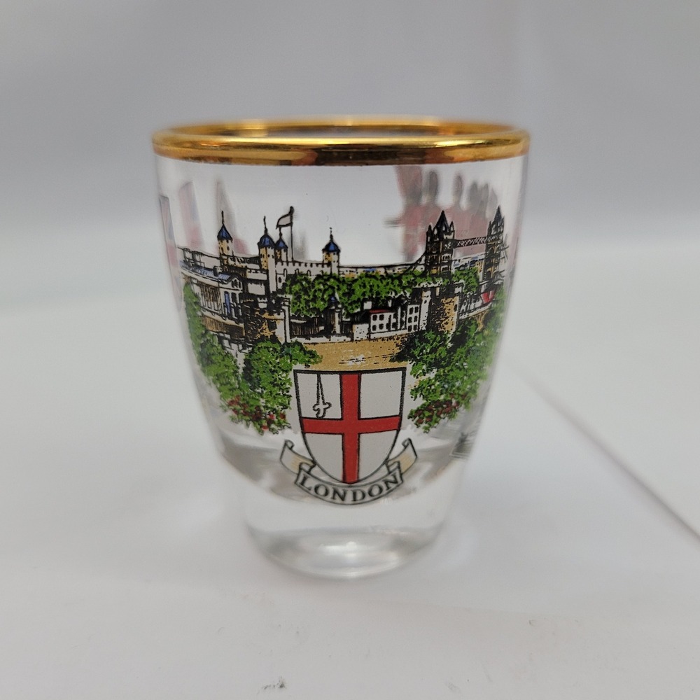 2 inch London Souvenir Shot Glass Gold Rim Landmarks Queens Guard Union Jack